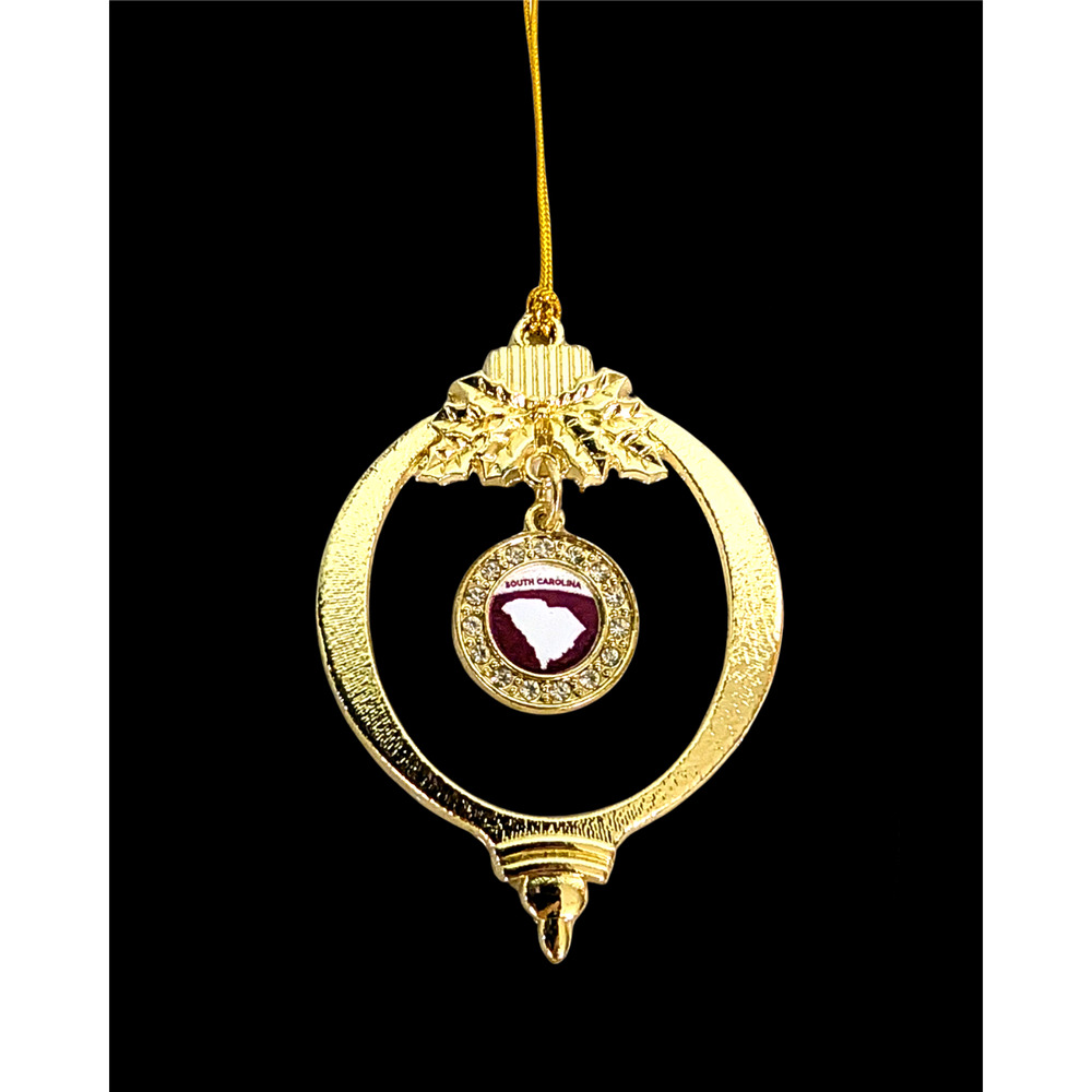 South Carolina State Shape Ornament Bulb Goldtone Rhinestones Black Box